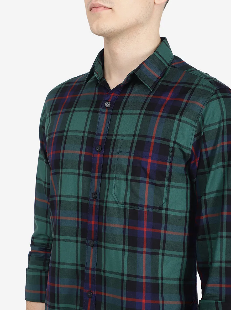 Blue & Green Checked Slim Fit Semi Casual Shirt | Jadeblue