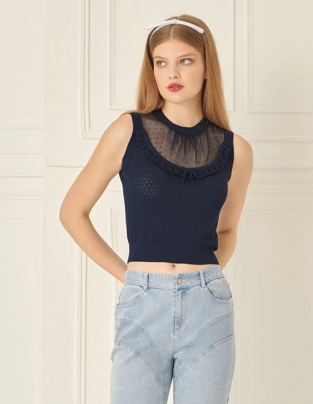 BORA AKSU Mesh Spliced Round Neck Knitted Vest