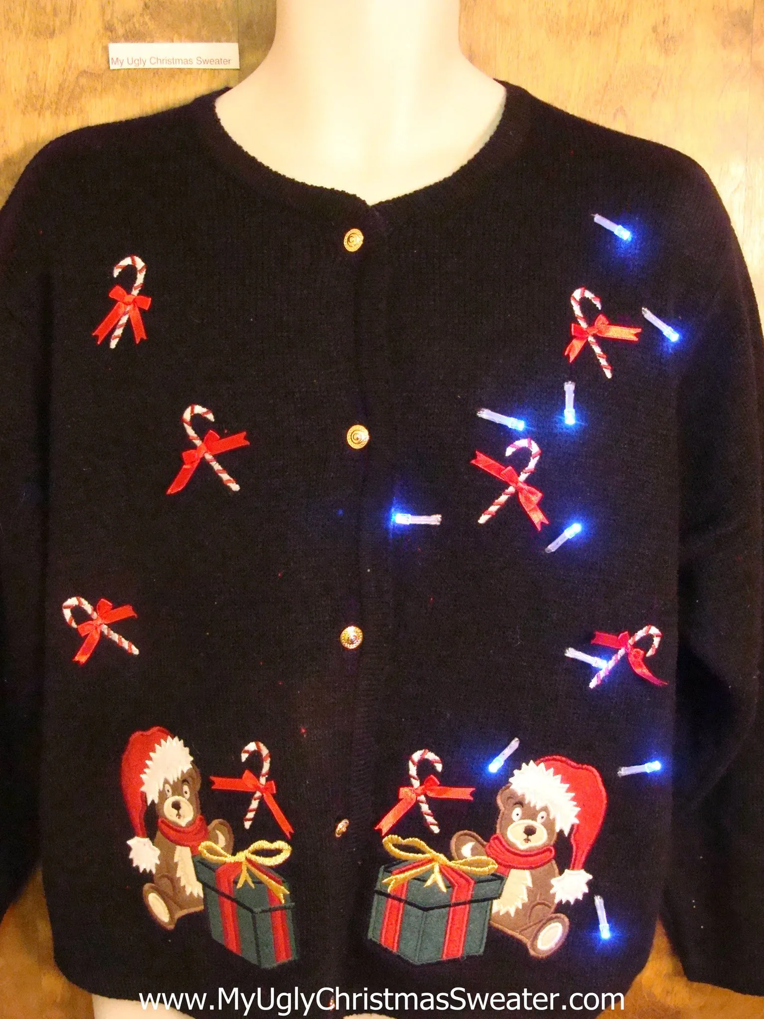 Candycanes and Teddy Bears Cute Light Up Ugly Xmas Sweater
