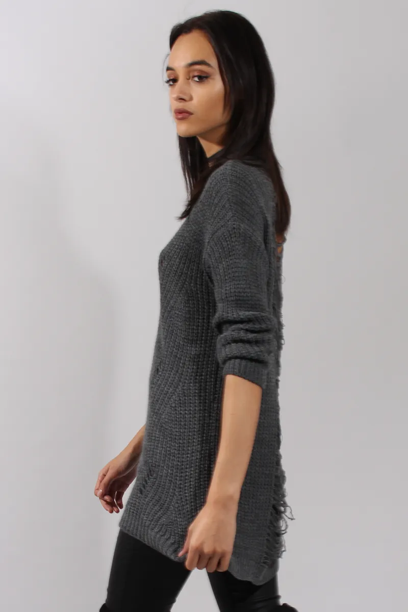 Dark Grey Knitted Distressed Back Jumper Dress - Cara