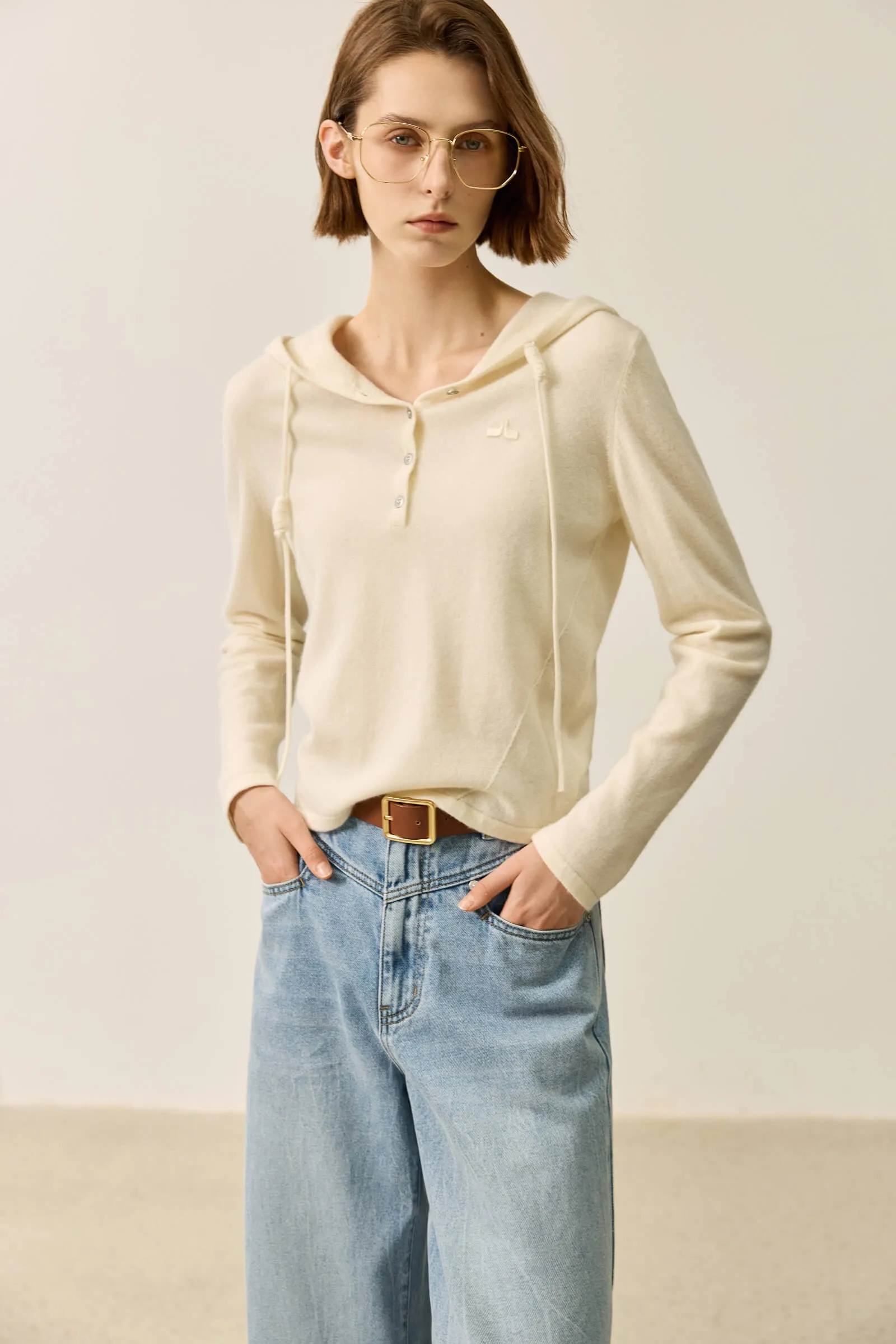LILY Wool Drawstring Polo Collar Hooded Sweater