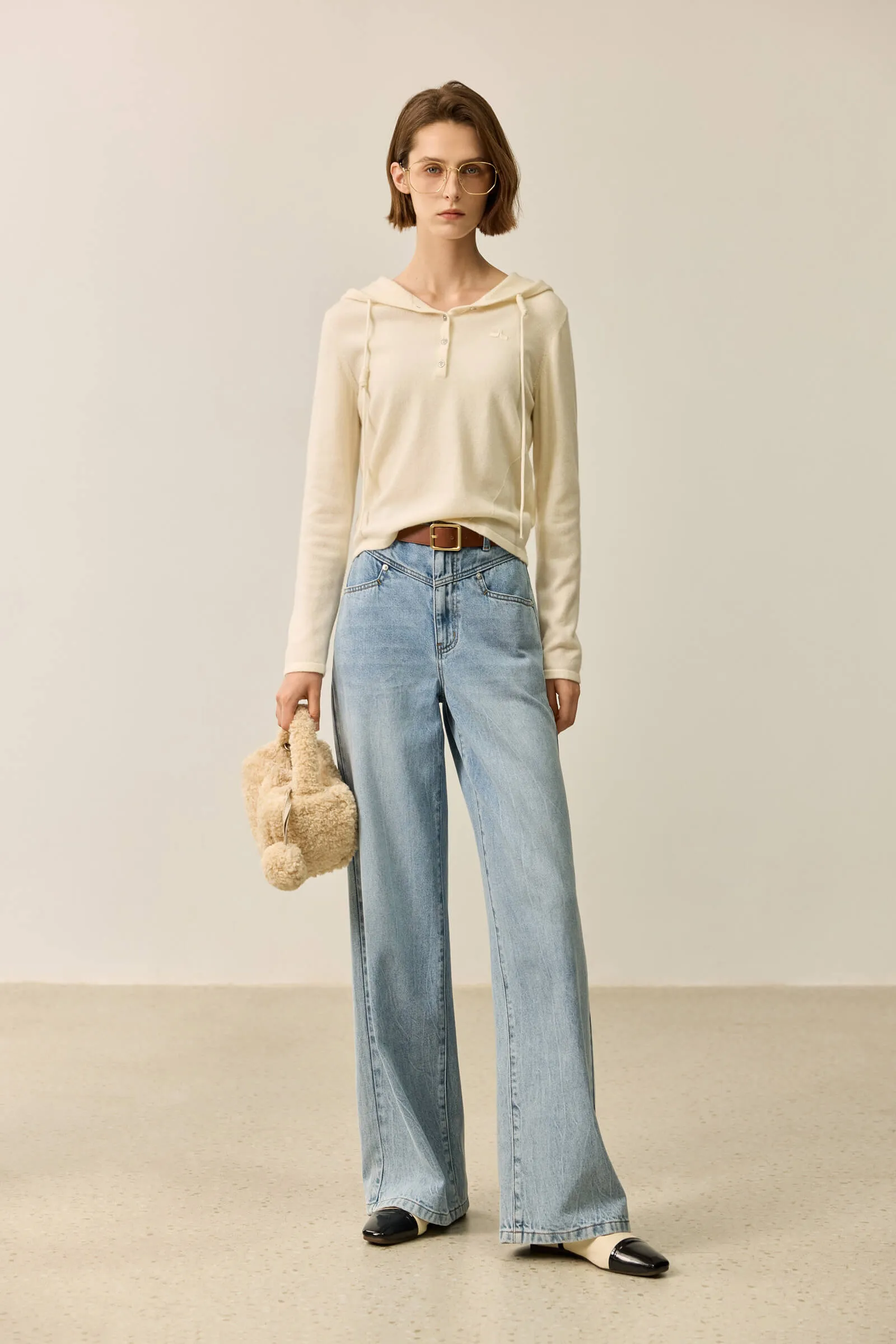 LILY Wool Drawstring Polo Collar Hooded Sweater