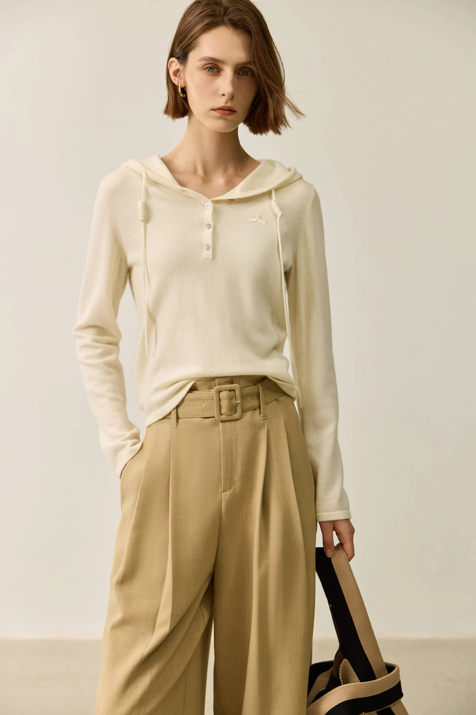 LILY Wool Drawstring Polo Collar Hooded Sweater