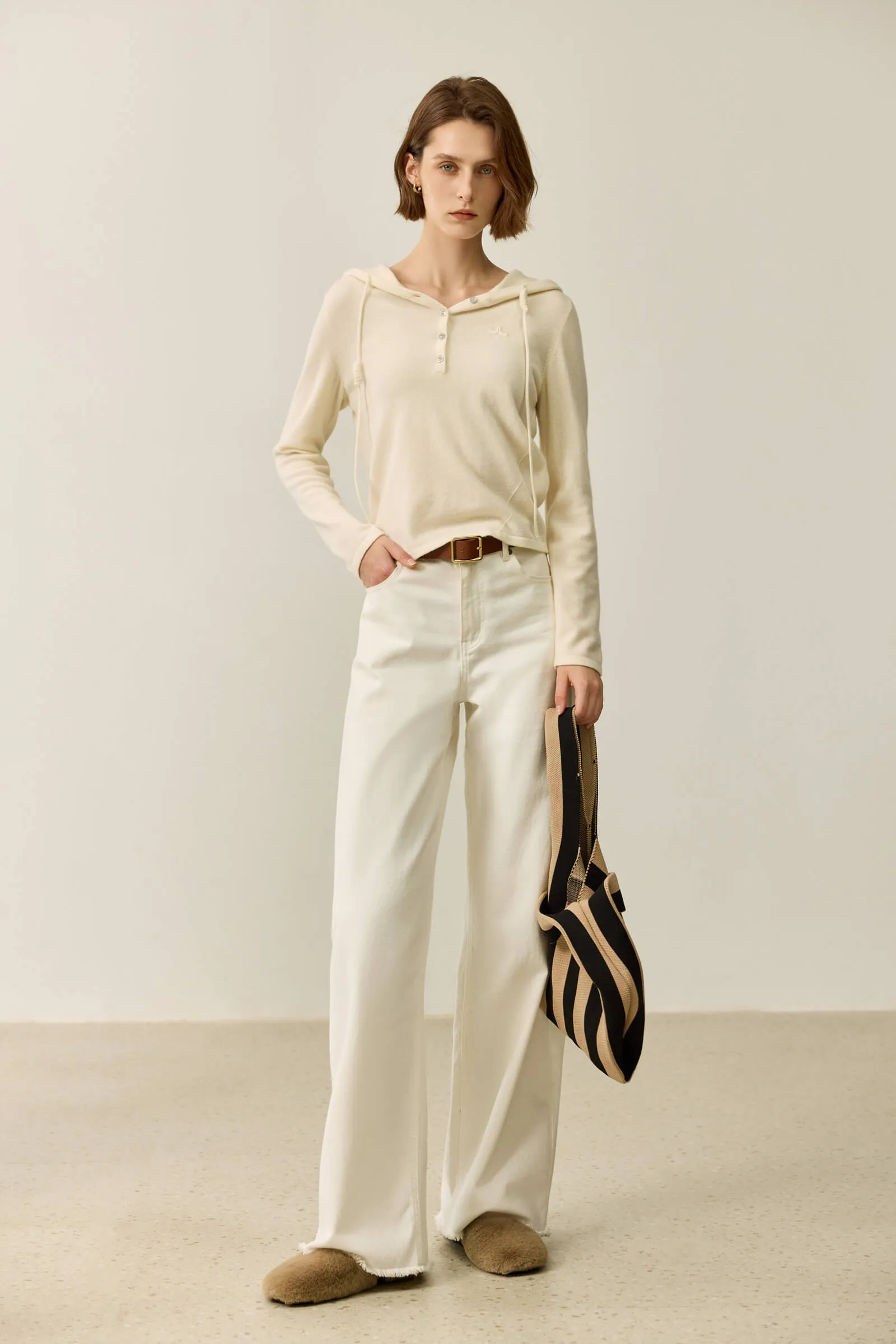 LILY Wool Drawstring Polo Collar Hooded Sweater