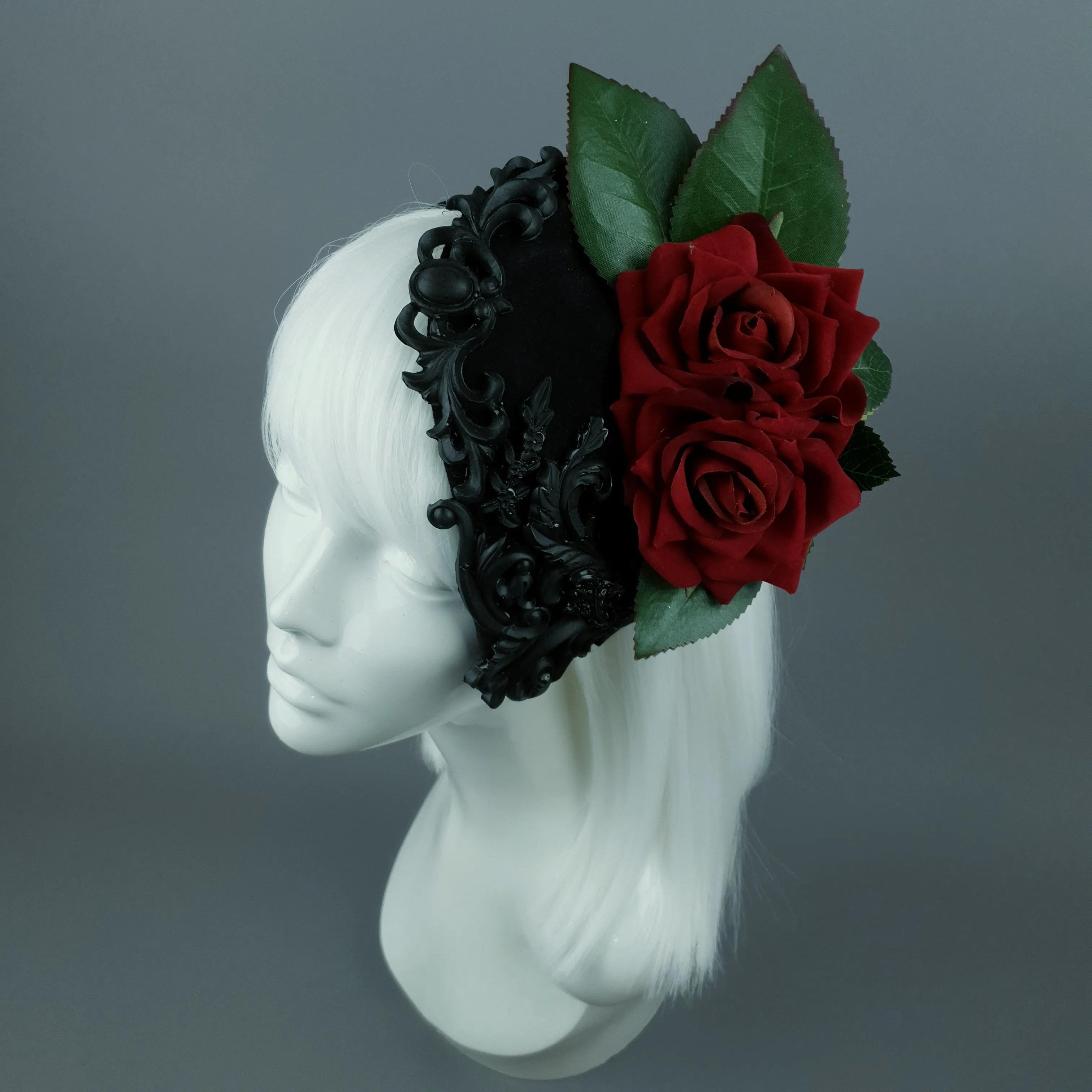 "Midnight" Red Rose & Filigree Fascinator Hat Headdress