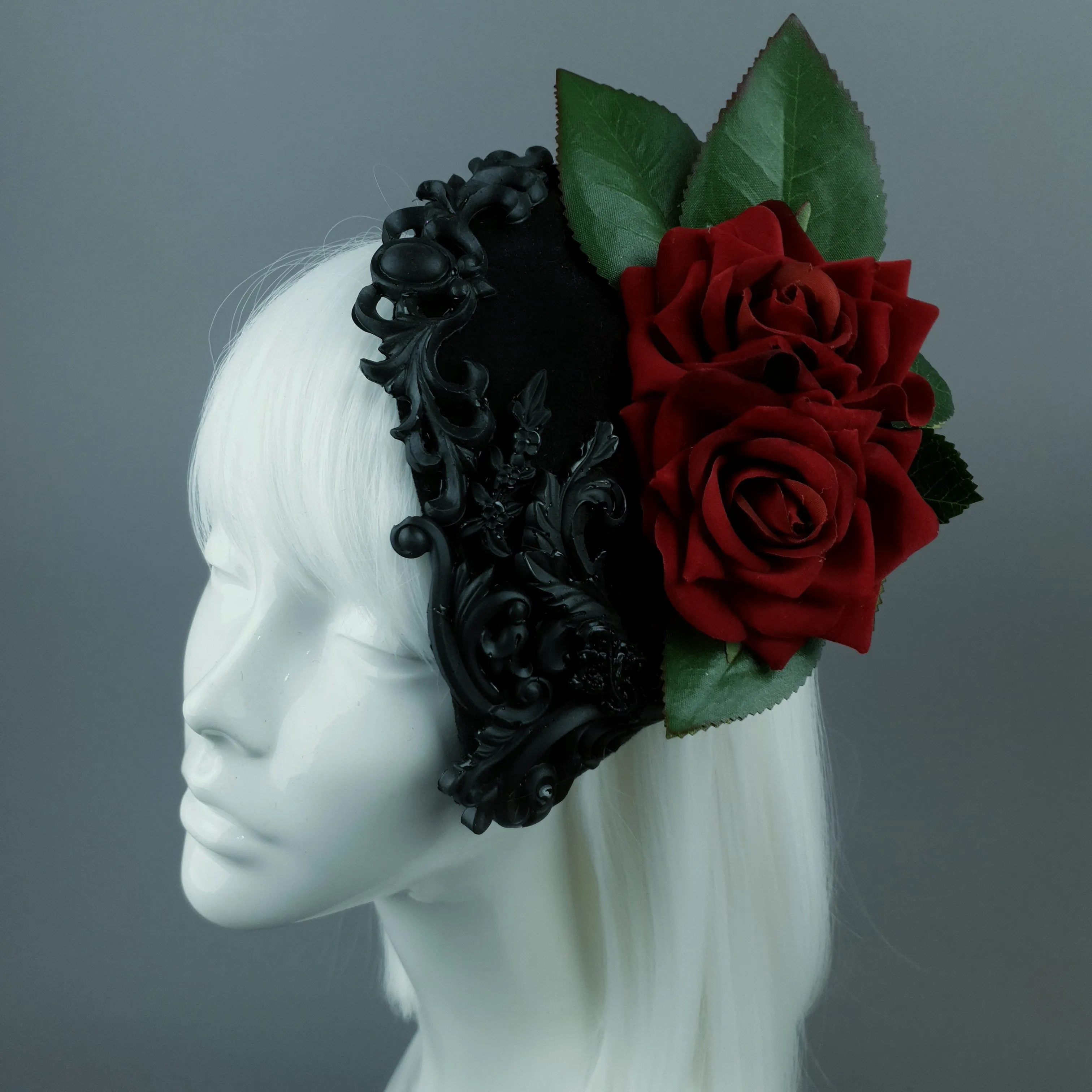 "Midnight" Red Rose & Filigree Fascinator Hat Headdress