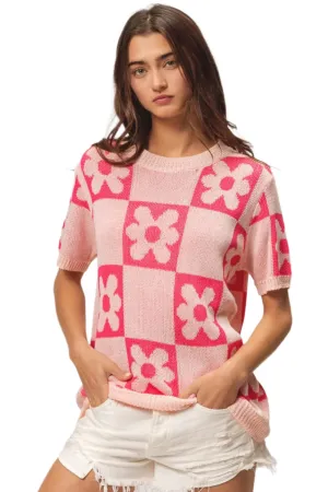 TEEK - Blush Fuchsia Flower Checker Pattern Short Sleeve Sweater