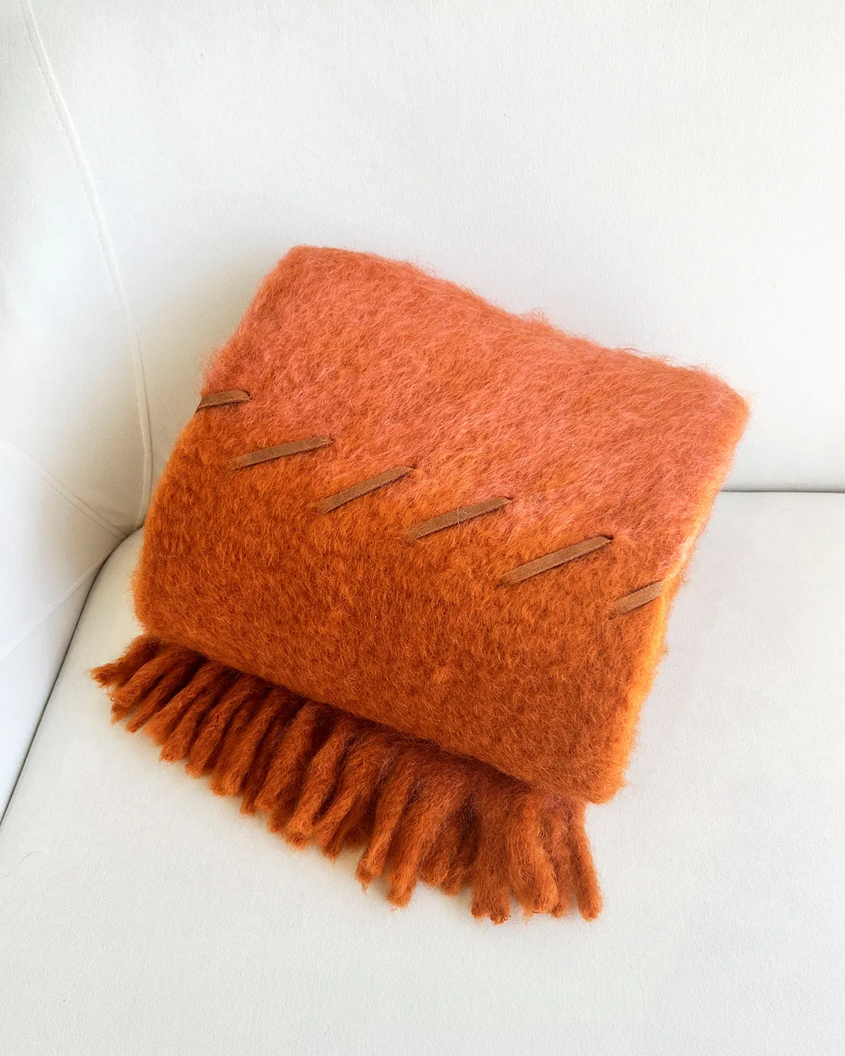 Terra-cotta and Brick Mohair Blanket - Suede Whipstitch