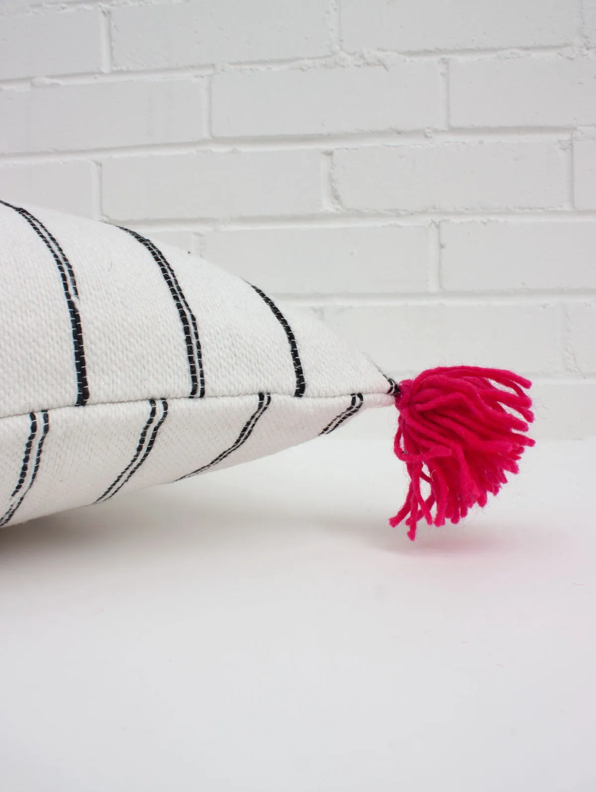 White Cotton Scribble Stripe Square Cushion Cover, Pink