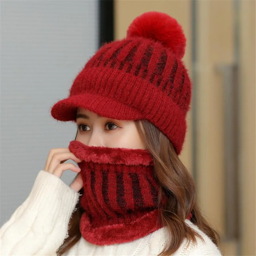 Women Thick Winter Visor & Velvet Pompom Beanie Sets