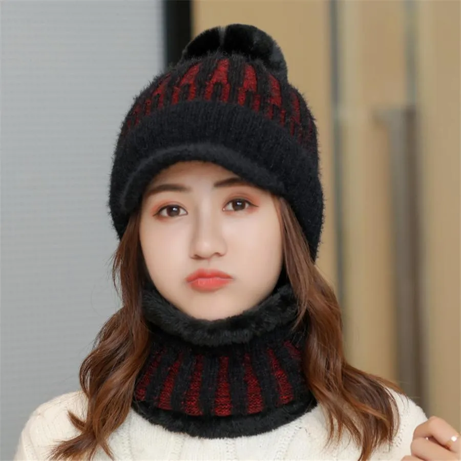 Women Thick Winter Visor & Velvet Pompom Beanie Sets