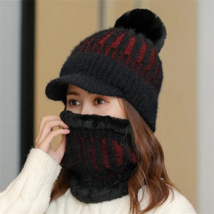 Women Thick Winter Visor & Velvet Pompom Beanie Sets