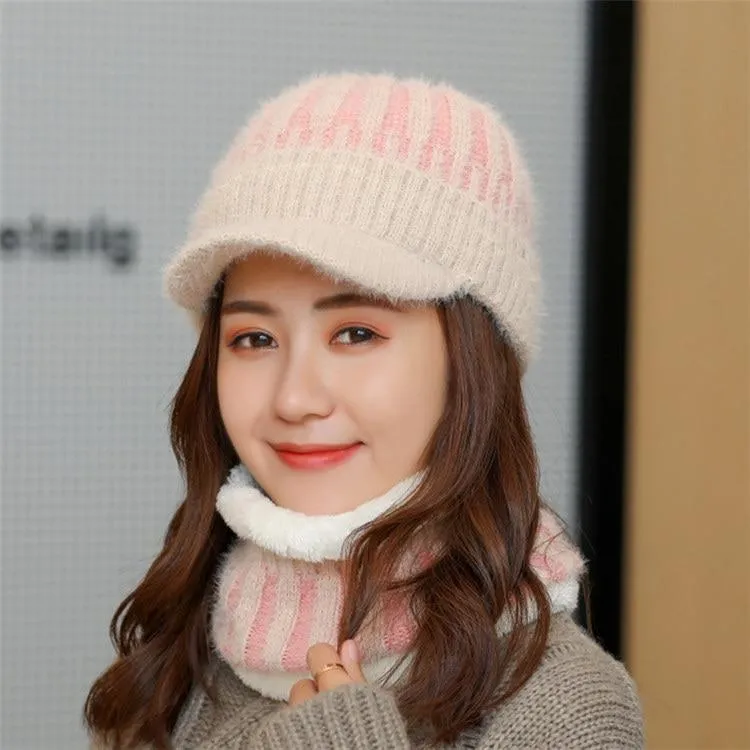 Women Thick Winter Visor & Velvet Pompom Beanie Sets