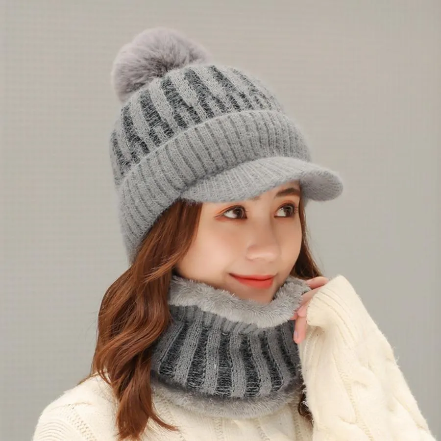 Women Thick Winter Visor & Velvet Pompom Beanie Sets