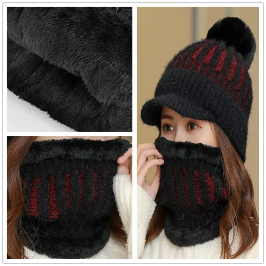 Women Thick Winter Visor & Velvet Pompom Beanie Sets