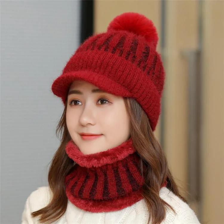 Women Thick Winter Visor & Velvet Pompom Beanie Sets