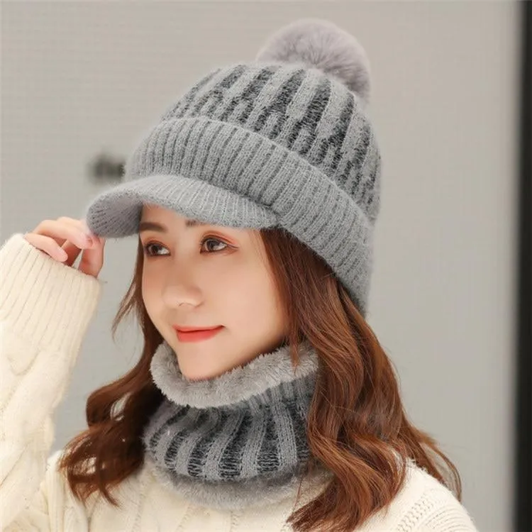 Women Thick Winter Visor & Velvet Pompom Beanie Sets